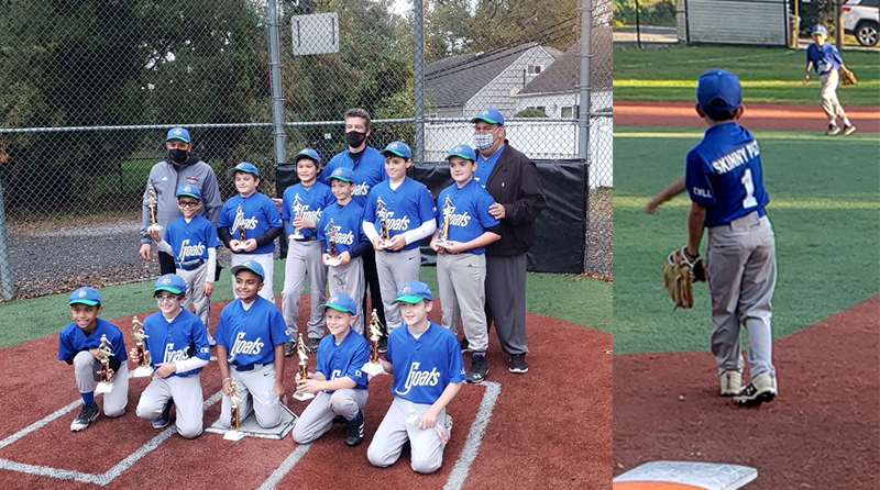 Image is Spilt - Group Shot of Little League Baseball Team Sponsered by Skinny Pizza - and a close up of player in action 